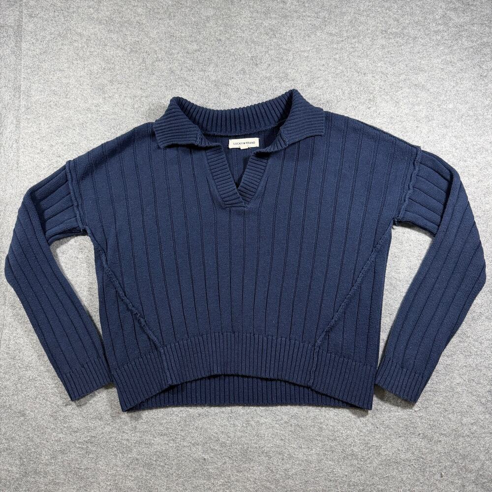 Lucky Brand Sweater Womens S Navy Cropped Boxy Johnny Collar Ribbed Knit